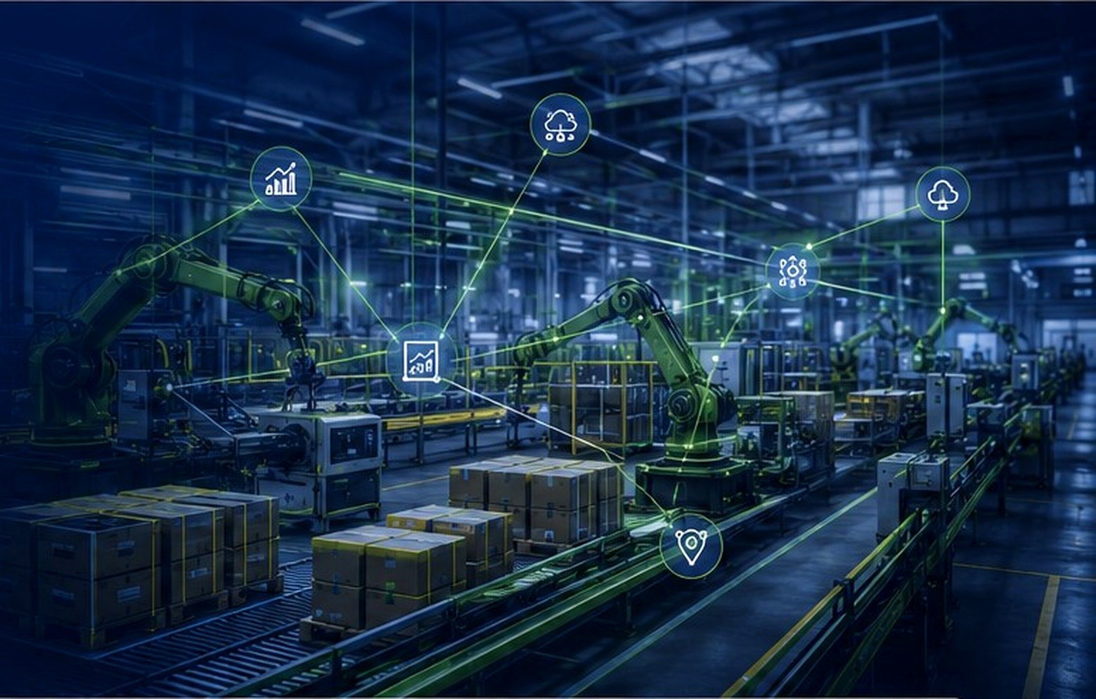 Industrial robots and conveyors connected with operational data